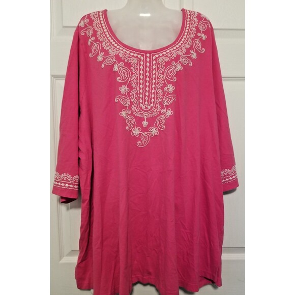 Woman Within Tunic Top Size 4X 34/36 Pink Embroidered Bohemian 3/4 Sleeve - Picture 1 of 5